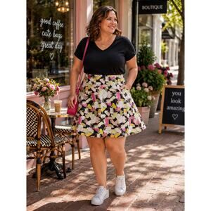 Liz Claiborne Novelty Purse Print Skirt White Pink Fit Flare 14W Artsy Colorful